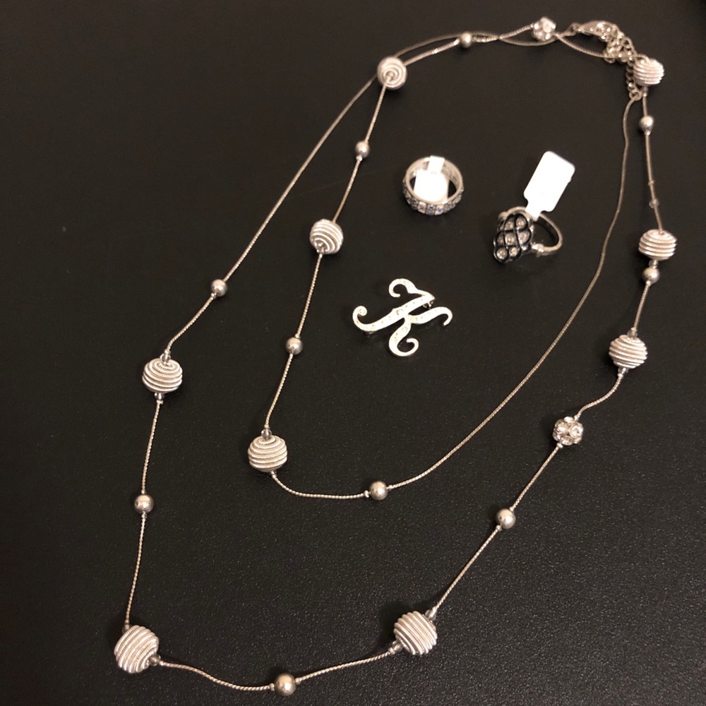 Silver-Tone Rhinestone Layered Necklace with Initial Charm Brooch Pin, 2 Rings